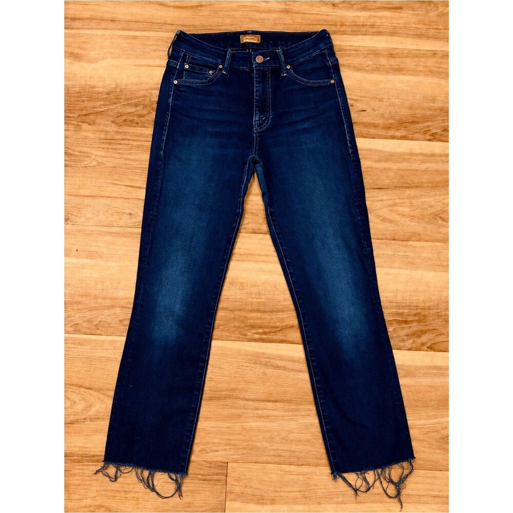 MOTHER High Waisted Looker Crop Jeans 25x23 Dark Wash Stretch Frayed Hem EUC